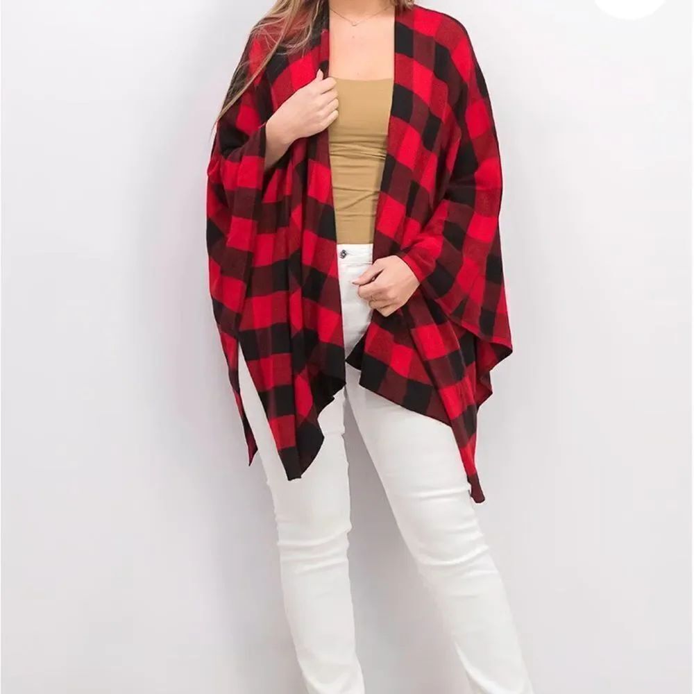Lauren Ralph Lauren Women's Buffalo Plaid Layering Poncho Sweater Red/Black